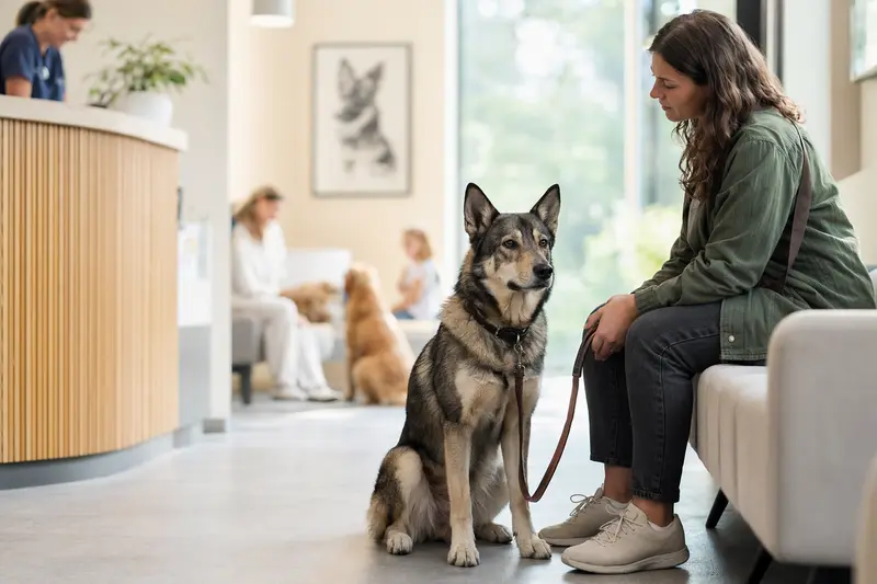 Ein Russisch-Europäischer Laika sitzt ruhig neben seinem Besitzer im hellen Wartezimmer einer modernen Tierarztpraxis.